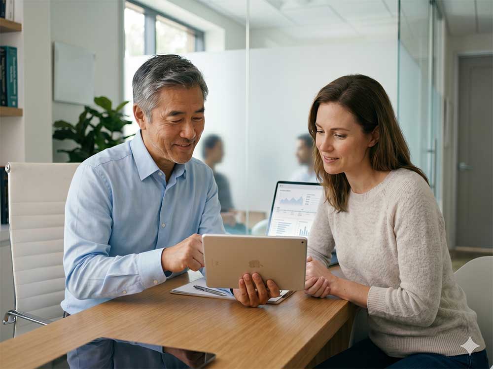 A clinician and a patient reviewing health data together on a tablet