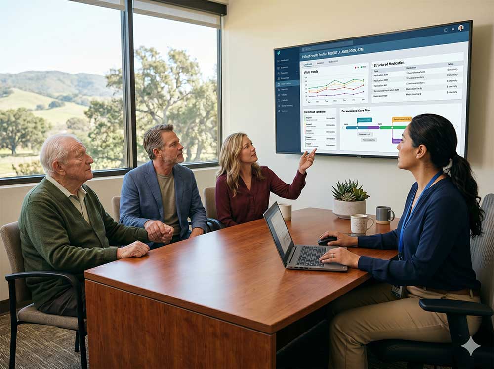 A care team reviewing a patient health profile and personalized care plan on a wall display