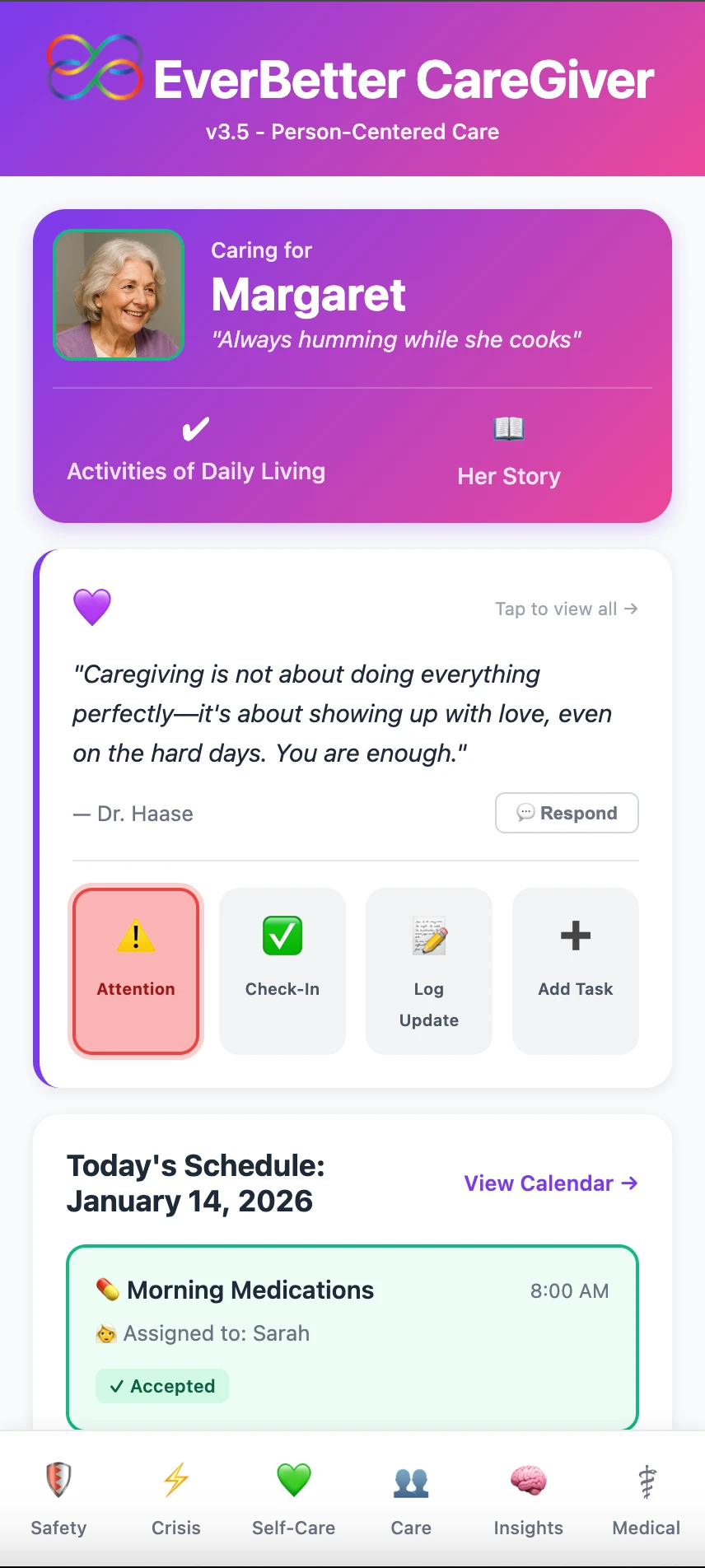 The EverBetter CareCircle prototype showing a daily care schedule, check-ins and medication tasks