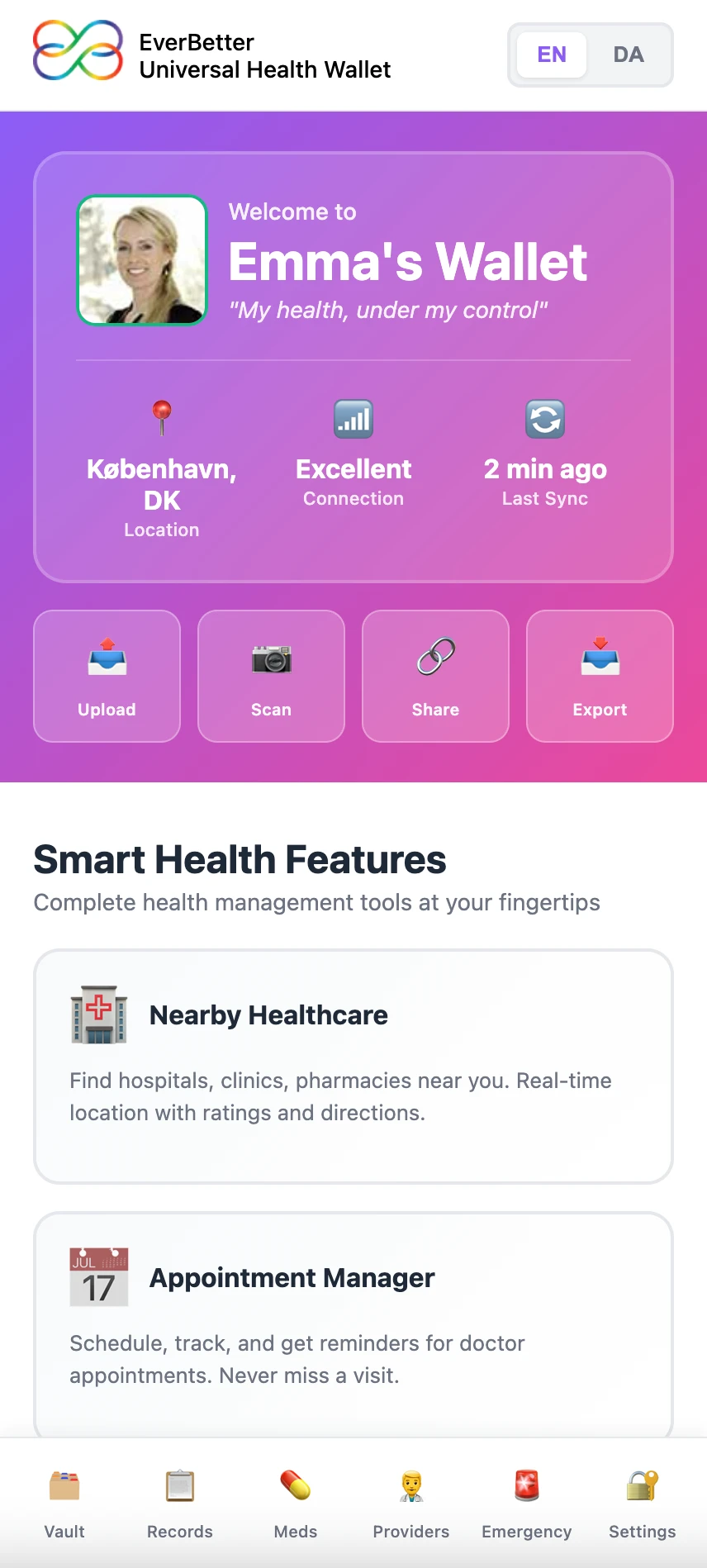 The Universal Health Wallet prototype showing a personal health vault with records, medications and providers